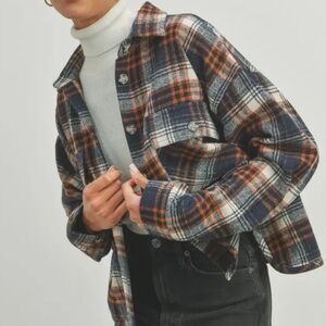 Navy Plaid Button-Up Shirt Jacket